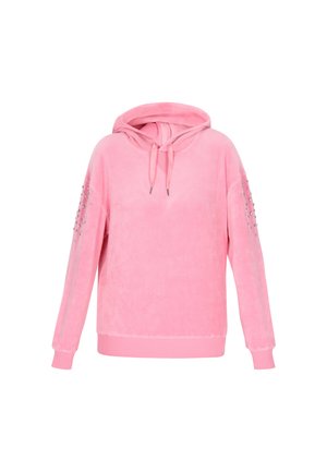 Hanorac roz cu glugă, fabricat dintr-un material moale și texturat. Include tăieturi decorative din argint pe mâneci și un șnur la glugă.