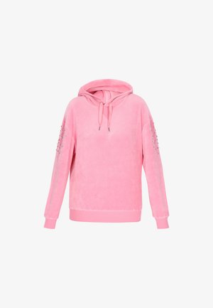 Hanorac roz cu glugă, fabricat dintr-un material moale și texturat. Include tăieturi decorative din argint pe mâneci și un șnur la glugă.