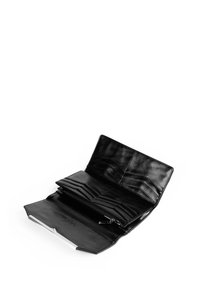 Black leather wallet with an open design, featuring multiple card slots, a zippered coin compartment, and a smooth, textured finish.