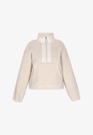 Fleece pullover in crème met hoge kraag, halve rits aan de voorkant, gestructureerd oppervlak en voorvak. Beschikt over een contrasterend bovenpaneel.