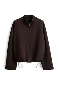 Veste courte marron en tissu doux, dotée d'un col haut, d'une fermeture éclair frontale et d'un cordon de serrage réglable à l'ourlet. Coupe légèrement surdimensionnée.