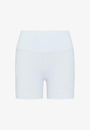 Světlé modré sportovní šortky s širokým pasem, vyrobené z elastického materiálu. Vyznačují se hladkým povrchem a jemným logem po straně.