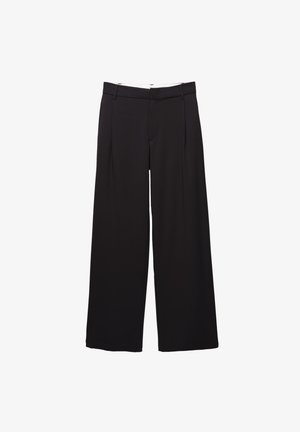 Zwarte broek met wijde pijpen, voorplooien en riemlussen, getailleerde pasvorm, taille op middenhoogte en een verborgen sluiting aan de voorkant.