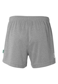 Pantalones cortos de algodón grises con una cintura elástica, con un diseño simple. Incluye una pequeña etiqueta verde en el lateral y un logo blanco en la parte trasera.