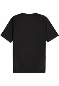 Sort kortærmet T-shirt med rund halsudskæring. Glat tekstur og minimalistisk design, uden synlige mønstre eller detaljer.