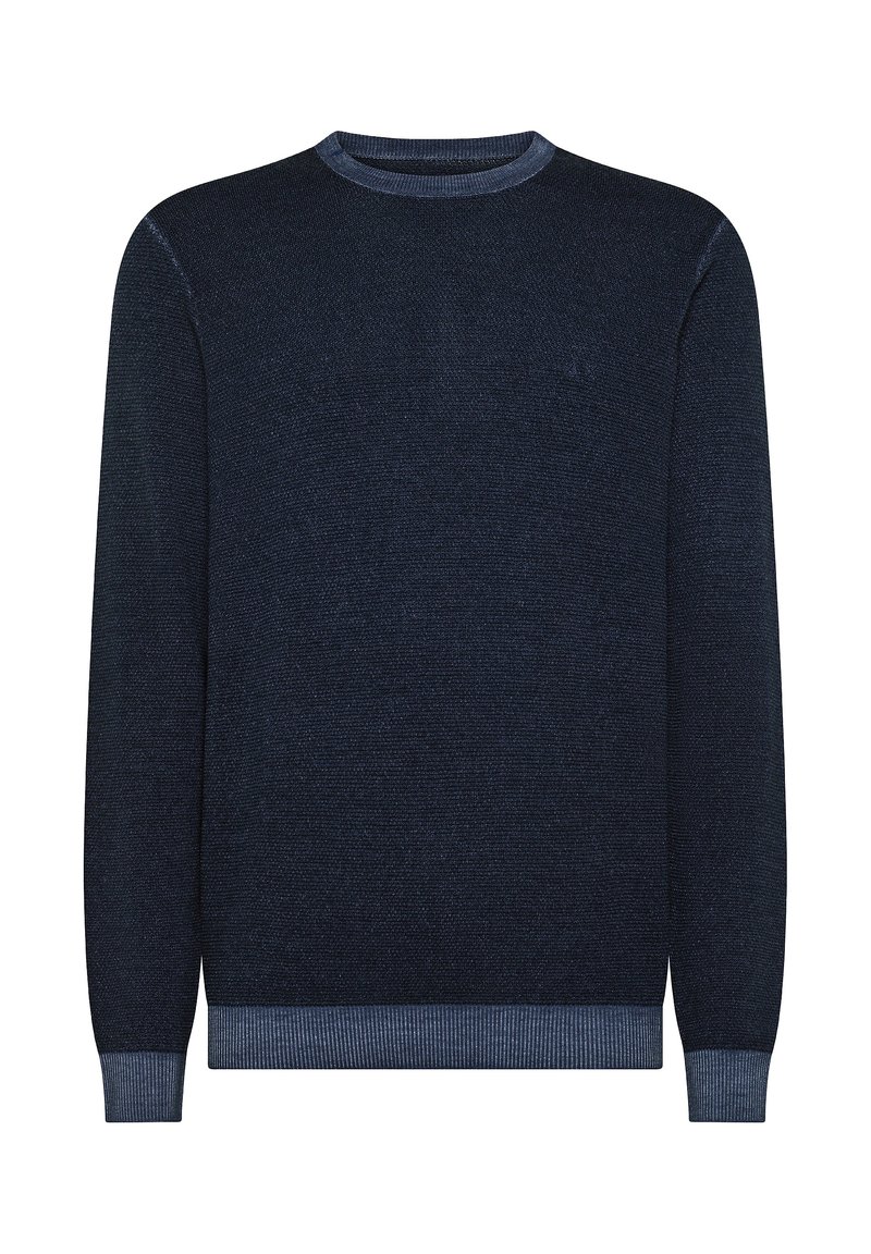 Maglione in maglia blu navy con collo rotondo, polsini e orlo a coste. Tessuto testurizzato con una finitura liscia e accenti più chiari a contrasto.