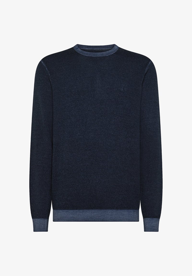 Maglione in maglia blu navy con collo rotondo, polsini e orlo a coste. Tessuto testurizzato con una finitura liscia e accenti più chiari a contrasto.