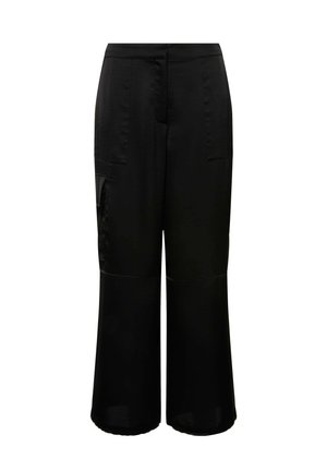 Pantaloni neri a gamba larga realizzati in tessuto morbido. Presentano una vita alta, due tasche frontali e un dettaglio a pannello unico sul lato.