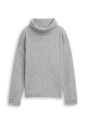 Pull doux gris à col roulé manches longues, coupe décontractée avec poignets, col et ourlet côtelés.