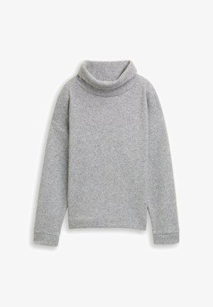 Pull doux gris à col roulé manches longues, coupe décontractée avec poignets, col et ourlet côtelés.