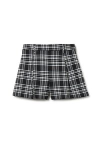 Shorts de cuadros en blanco y negro con un diseño estructurado que presenta pliegues y una cintura entallada. Fabricados con un tejido ligero y de textura suave.