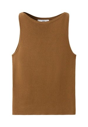 Smeđa pletena majica bez rukava s okruglim izrezom, jednostavnog dizajna bez vidljivih uzoraka ili ukrasa.