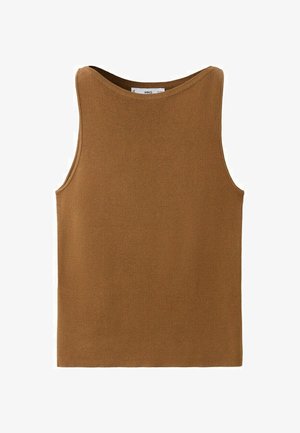 Ärmelloses braunes Strick-Top mit rundem Ausschnitt, schlichtem Design und ohne sichtbare Muster oder Verzierungen.