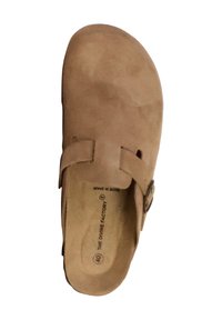 Beige suede clog with a rounded toe, adjustable strap, and tan footbed. Features branding inside and a smooth texture throughout. Size 40.