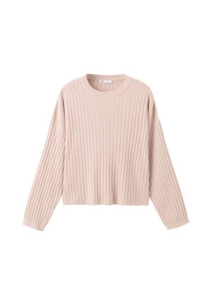 Pull en maille côtelée rose clair avec manches longues et col rond, présenté sur fond blanc.