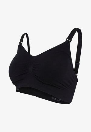 Sostén negro hecho de 92% polyester y 8% elastano. Presenta tirantes ajustables, panel central fruncido y un diseño suave y sin costuras.