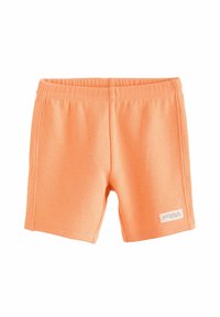 Oranjekleurige geweven shorts van een textuurstof, met een elastische tailleband en een klein label aan de onderzijde rechts.