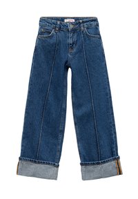 Lautir jeans leluasa dalam warna biru gelap, dengan pinggang tinggi, hem yang dibungkus, saku depan, dan aksen jahitan oranye di sepanjang jahitan.