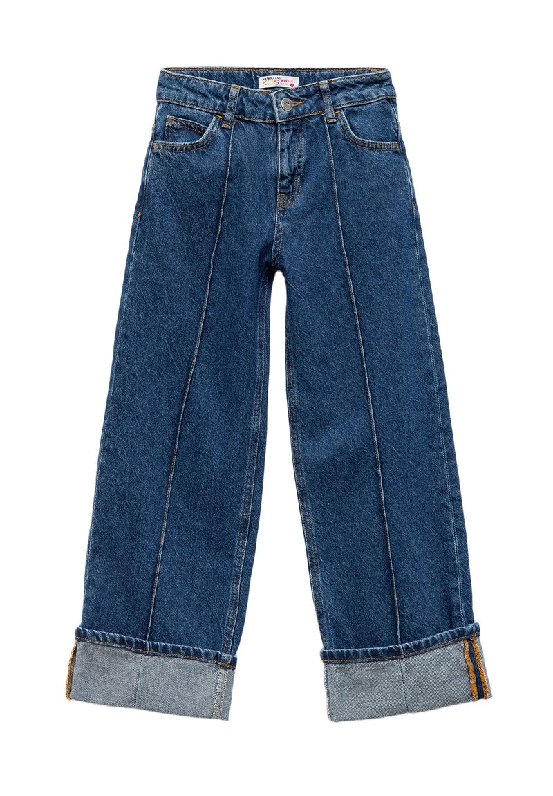 Lautir jeans leluasa dalam warna biru gelap, dengan pinggang tinggi, hem yang dibungkus, saku depan, dan aksen jahitan oranye di sepanjang jahitan.