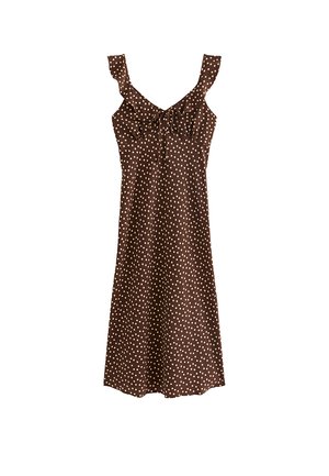 Mouwloze bruine midijurk met lichtbeige polkadots, gerimpelde bandjes en een kleine voorstrik bij de halslijn.