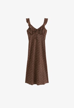 Mouwloze bruine midijurk met lichtbeige polkadots, gerimpelde bandjes en een kleine voorstrik bij de halslijn.