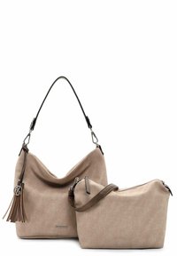 Beige fabric shoulder bag with a detachable brown strap, featuring a fold-over design and a tassel accent. Includes a matching smaller bag.