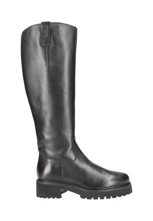 Black knee-high leather boot with smooth texture, round toe, and chunky rubber sole. Features a vertical seam and pull tab at the back.