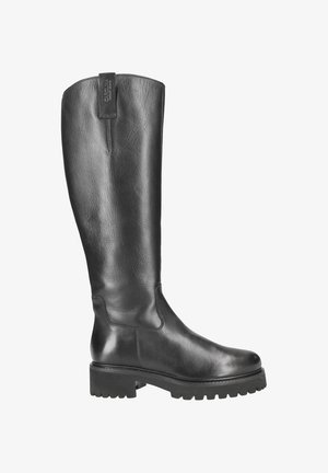Black knee-high leather boot with smooth texture, round toe, and chunky rubber sole. Features a vertical seam and pull tab at the back.
