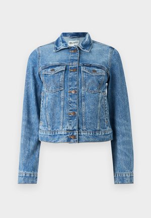 Mėlyna džinsinė striukė su sagų užsegimu, dviem krūtinės kišenėlėmis su sklendėmis, ilgomis rankovėmis ir smailia apykakle.