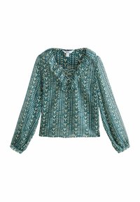 Blouse à manches longues en teal avec des motifs géométriques crème. Présente un col froncé et un détail de boutons, fabriquée en tissu léger et transparent.