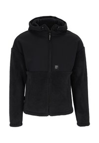 Zwarte fleece-voering hoodie met een rits aan de voorkant, met een effen zwarte bovenkant, verstelbare capuchon, en een klein merketiket nabij de rits.