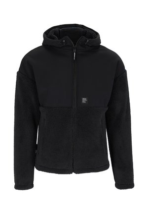 Schwarze, fleecegefütterte Kapuzenjacke mit Reißverschluss, die im oberen Bereich schwarz und sonst einfarbig ist, verstellbarer Kapuze und einem kleinen Markenetikett nahe dem Reißverschluss aufweist.