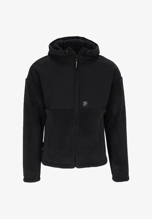 Zwarte fleece-voering hoodie met een rits aan de voorkant, met een effen zwarte bovenkant, verstelbare capuchon, en een klein merketiket nabij de rits.