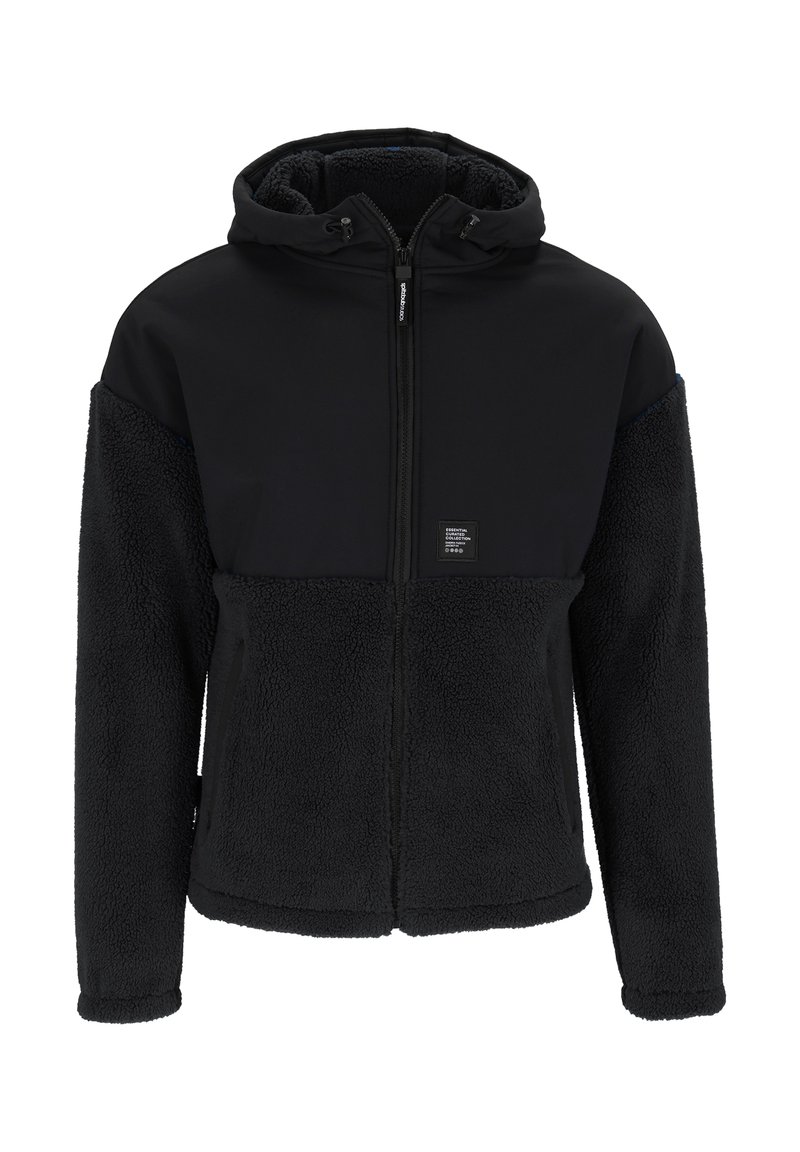 Zwarte fleece-voering hoodie met een rits aan de voorkant, met een effen zwarte bovenkant, verstelbare capuchon, en een klein merketiket nabij de rits.