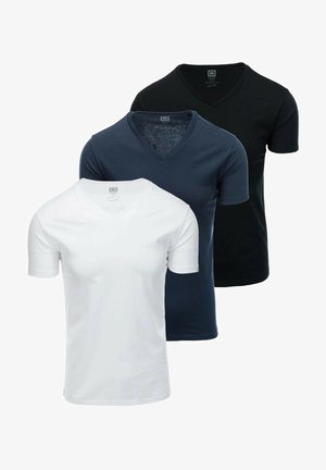 Three v-neck t-shirts in white, navy blue, and black. Made of soft fabric, each has short sleeves and a relaxed fit.