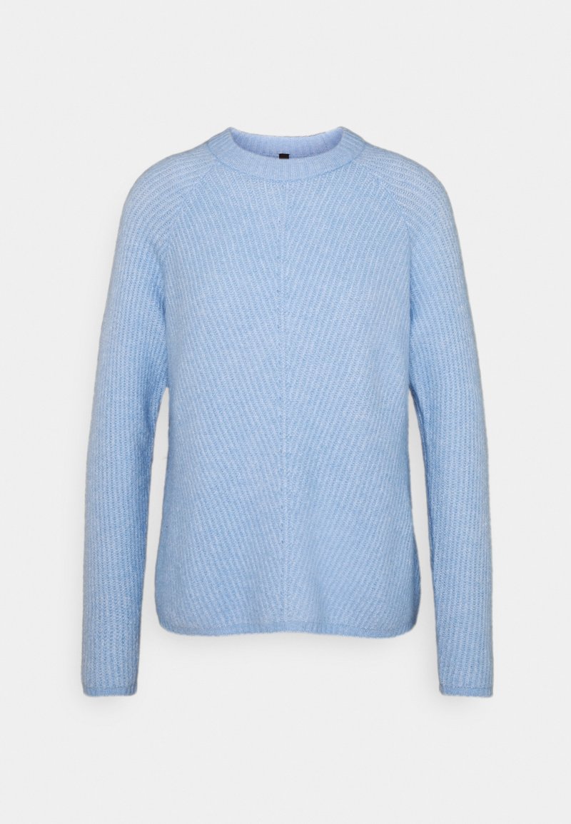 Pull bleu clair à manches longues en tricot avec un col rond et une texture côtelée, présenté sur un fond blanc uni.