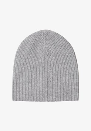 Graue Strickmütze mit Rippenstruktur. Sie ist körpernah, hat eine runde Form und keine Verzierungen oder Logos.