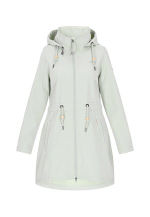 Világos zöld, hosszú kabát kapucnival, húzózsinóros részletekkel, cipzáras elülső résszel és két oldalsó zsebbel; sima, vízálló anyagból készült.