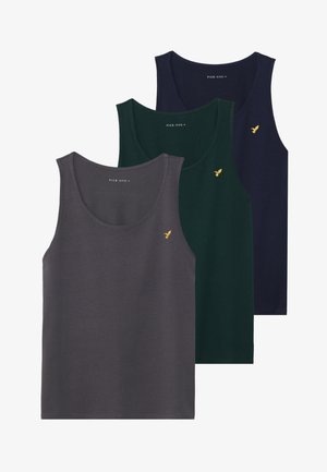 Tre tanktoppe i mørk grå, grøn og marineblå. Hver har en rund halsudskæring, kontrastsyet og et lille broderet logo i guld.