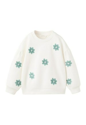 Sweat-shirt blanc à manches longues avec col rond, décoré de huit fleurs vertes brodées réparties sur le devant et les manches.