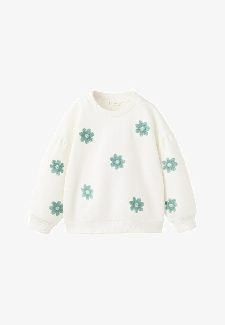 Sweat-shirt blanc à manches longues avec col rond, décoré de huit fleurs vertes brodées réparties sur le devant et les manches.