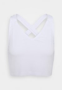 Vit kort topp gjord av ribbat tyg med V-ringning och korsade band på baksidan. Slät yta utan synliga mönster eller detaljer.