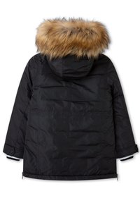 Černá péřová bunda s velkou béžovou umělou kožešinovou kapucí, prošívaná textura, elastické manžety a zipy na manžetách pro nastavení.