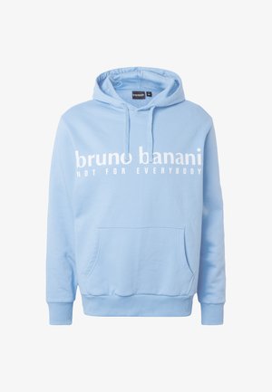 Hele sinine kapuutsiga dressipluus esi tasku, nööriga kapuuts ja valge tekstiga "bruno banani NOT FOR EVERYBODY" rinnal.