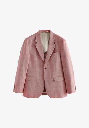 Sacou texturat roz pentru bărbați, cu un singur rând de nasturi, rever guler cu crestătură, două buzunare frontale cu clapetă, buzunar la piept și manșete cu nasturi.