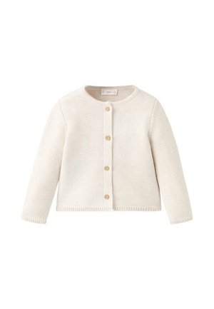 Cardigan couleur crème avec un design tricoté texturé, col rond, et cinq boutons en bois sur le devant. Manches longues avec poignets côtelés.