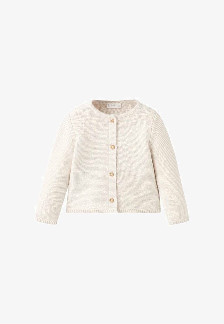 Kremasti kardigan s teksturirano pletenim vzorcem, okroglim izrezom in petimi lesenimi gumbi spredaj. Dolgi rokavi z rebrastimi zaključki.
