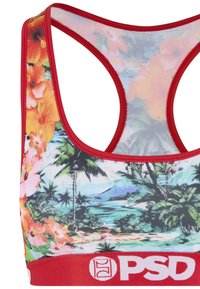Blomster sports-bh med røde detaljer. Har et levende tropisk mønster af blomster og palmetræer, lavet af let, strækbart stof.