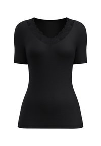 Zwarte top met korte mouwen, voorzien van een geribbelde textuur en een scalloped kant V-hals. Strak aansluitend ontwerp met een gladde afwerking.
