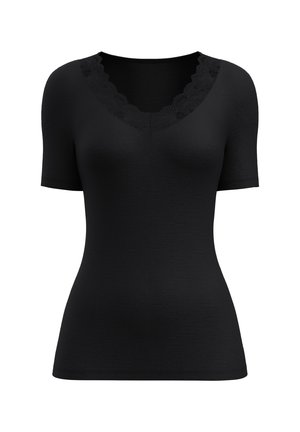 Zwarte top met korte mouwen, voorzien van een geribbelde textuur en een scalloped kant V-hals. Strak aansluitend ontwerp met een gladde afwerking.